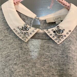 LOFT Gray Top with Embellished Cream Collar